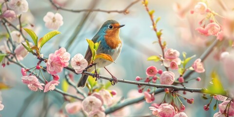 Beautiful bird on flowering branch. - obrazy, fototapety, plakaty