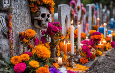 Mexican traditional Day of the Dead table with colorful skulls candles and flowers
