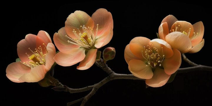 Peach Colored flowering quince, Isolated against a deep black background. Chaenomelis superba