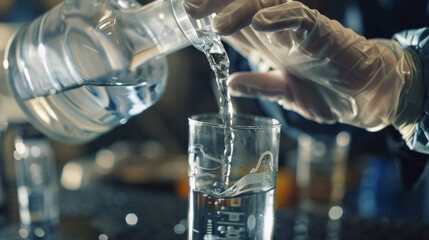 Scientist chemist in gloves pouring water from flask into glass closeup - obrazy, fototapety, plakaty