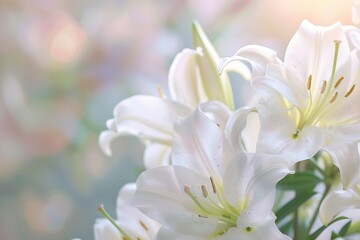 Fototapeta premium A close-up of elegant white lilies, delicate petals, and a subtle fragrance in the air, set against a soft-focus background of a wedding venue