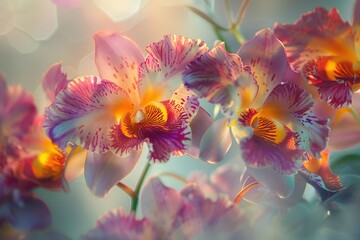 A close-up of Miltonia Orchids, showcasing their vibrant colors and unique patterns, against a soft, blurred spa-like background
