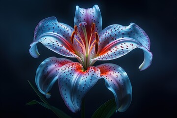 A close-up photograph of a single Oriental lily, highlighting its detailed petal patterns and vibrant colors against a dark, moody background