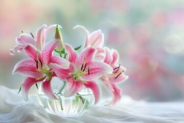 A close-up photograph of elegant Stargazer lilies, vibrant pink petals with white edges, placed in a delicate glass vase on a white linen tablecloth