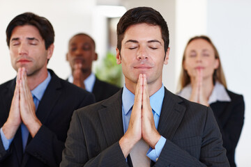Business people, pray and meditation with hands together in team for faith, calm or company peace...