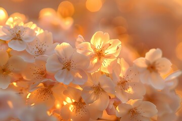 A macro shot of cherry blossoms at golden hour, petals glowing with warm light. Background of blurred sunset colors