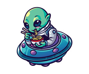 Alien Eat Ramen Vector Icon Illustration. Science Technology Icon Concept Cartoon Style