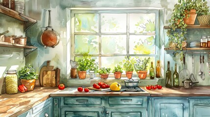Custom vertical slats for kitchen with your photo A watercolor painting of a kitchen with a large window, plants on the windowsill, and a variety of vegetables and cooking utensils on the counter.