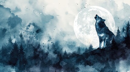 A watercolor painting of a wolf howling at the moon.