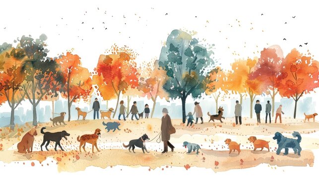 A watercolor painting of a park in the fall. There are many people walking their dogs in the park. The trees are all different colors, and the leaves are falling off the trees.