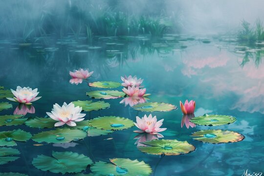 A tranquil scene of Water Lilies, vibrant pink and white flowers floating on a calm pond, reflection of a serene sunrise in the water