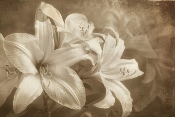 A vintage scene of Lilies, classic elegance with sepia tones, an old photograph feel from a formal occasion