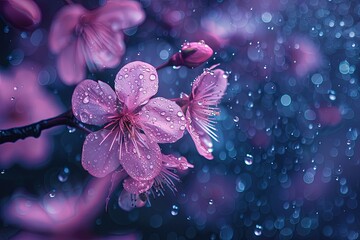 A vivid macro photo of cherry blossoms under a gentle rain, with raindrops adding to the depth and complexity of the image