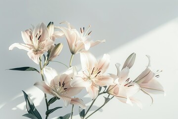 An artistic composition of Oriental lilies arranged in a modern, minimalist style, with clean lines and a neutral color palette
