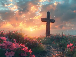 Sun-kissed Cross: A Peaceful Scene with Weathered Symbol