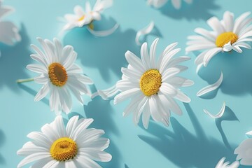 Daisies scattered across a serene blue background, each bloom perfectly capturing the essence of purity and innocence