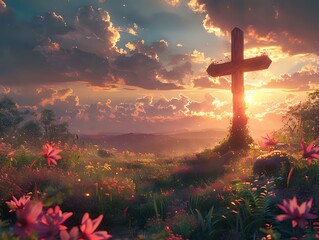 Sunlit Cross: A Peaceful Sunset with Soft Clouds