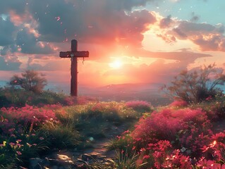 Radiant Cross: A Dreamlike Sunset with Vibrant Flora