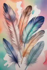Soft pastel abstract Feather background, feathers on a colorful background.