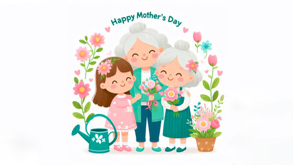 Vector cute illustrations of mother, grandmother and daughter hugging, watering can with flowers. Happy Mother's Day