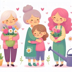 Vector cute illustrations of mother, grandmother and daughter hugging, watering can with flowers. Happy Mother's Day