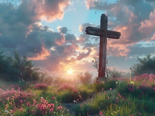 Sunlit Cross: A Serene Scene of Resilience and Renewal
