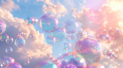 The sky serves as a backdrop, adorned with pastel clouds and soap bubbles in rainbow shades. - obrazy, fototapety, plakaty