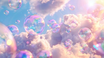 The background displays pastel clouds and soap bubbles, with rainbow colors, against the sky. - obrazy, fototapety, plakaty