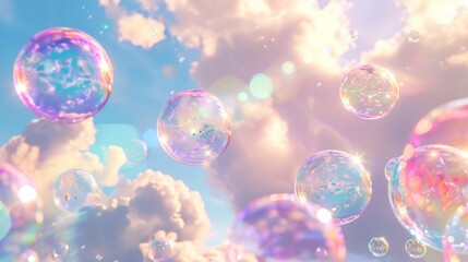 Pastel-colored clouds and soap bubbles painted in rainbow hues form the background in the sky. - obrazy, fototapety, plakaty