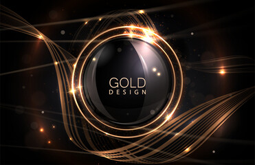 Illustration with a round gold frame with glitter and a curved ribbon on a black background.