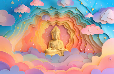 Fototapeta premium golden buddha and 3D paper cut art of a colorful sky with clouds and stars
