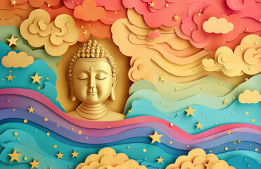 Naklejka premium golden buddha and 3D paper cut art of a colorful sky with clouds and stars