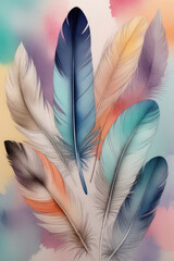 Soft pastel abstract Feather background, feathers on a colorful background.