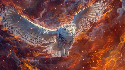 Majestic Snowy Owl Soaring over Fiery Inferno – A Mesmerizing Contrast. - obrazy, fototapety, plakaty