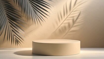 Island Chic: 3D Podium Pedestal in Beige, Elevated Against a Palm Tropical Leaves Shadow Wall - obrazy, fototapety, plakaty