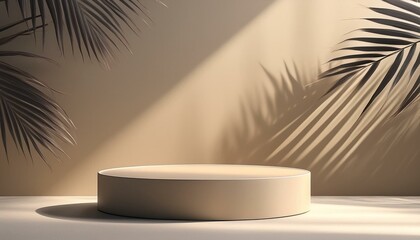 Coastal Elevation: Beige 3D Podium Pedestal with Palm Tropical Leaves Shadow Wall Background - obrazy, fototapety, plakaty
