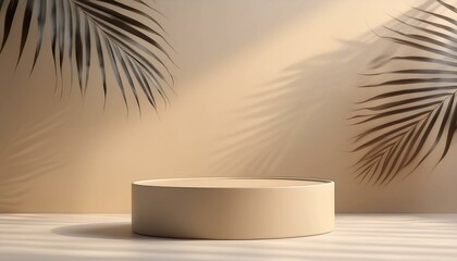Tropical Elegance: Realistic Beige Cylinder 3D Podium Pedestal with Palm Tropical Leaves Shadow Wall Background - obrazy, fototapety, plakaty