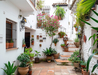 Fototapeta na wymiar an Andalusian house in Malaga with white walls, wooden windows and arches decorated with flowers. The courtyard has stairs leading to the entrance door surrounded by greenery