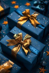 illustration of blue gifts with golden bows and ribbons placed on blue background near stars - obrazy, fototapety, plakaty
