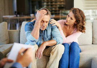 Counselling, frustrated and mature couple with therapist advice for communication, marriage or psychology. Sad, divorce therapy or psychologist consulting depressed man and woman for support or help