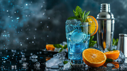 A glass of blue liquid with ice and a slice of orange on the side. The glass is on a table with a silver shaker and a silver cup - obrazy, fototapety, plakaty