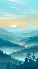 Harmonious Sunrise: A Serene Morning in the Misty Forest - Flat Illustration