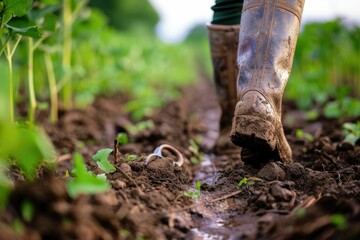 The close up picture of the farmer is walking inside the farm while wearing the dirty boots, the farmer require skill like soil knowledge, farm management, weather monitoring and the marketing. AIG43.