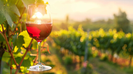 Sunlit Splendor: Captivating Red Wine Glass Amidst Vineyard Bliss