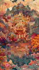 Serene Pure Land: Vibrant Tibetan Thangka Wallpaper with Lotus Flowers and Celestial Harmony