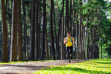 Asian trail runner is running outdoor in the pine forest dirt road with water backpack for exercise...