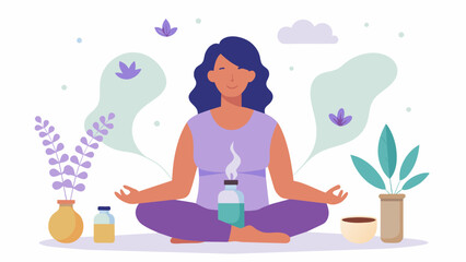 A person using aromatherapy such as lavender or peppermint essential oils to calm their nerves and induce relaxation.. Vector illustration