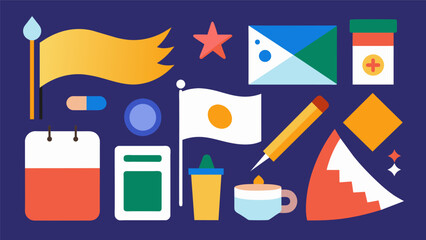 An array of different supplies from fabric to paint to patches are available for participants to choose from and make their flag truly one of a kind.. Vector illustration