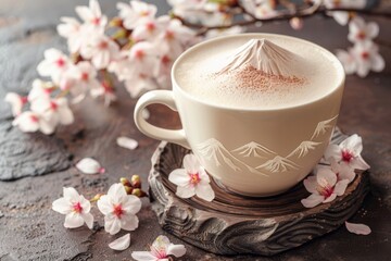 Fototapeta na wymiar Elegant Cappuccino with Spring Cherry Blossoms