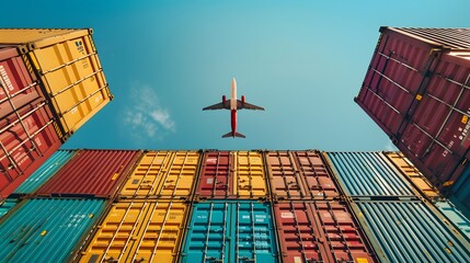 A cargo plane flies over colorful shipping containers stacked in the background, representing global trade and container transport. 